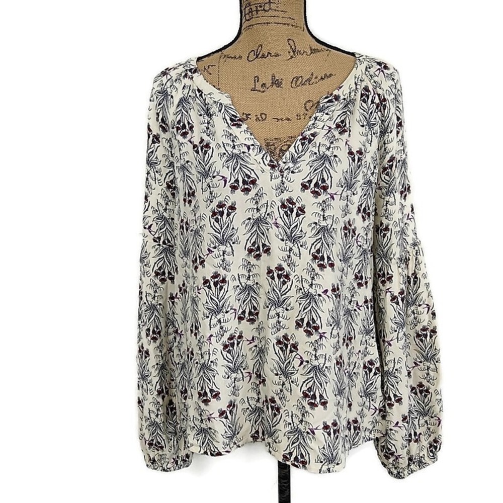 Hinge Blouse Womens Medium Cream Floral V-Neck Puff Sleeve Boho Top